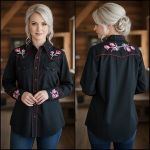 Vtg 80s Dee Cee blk embroidery rose pearl snap cowboy western shirt 17-35 unisex